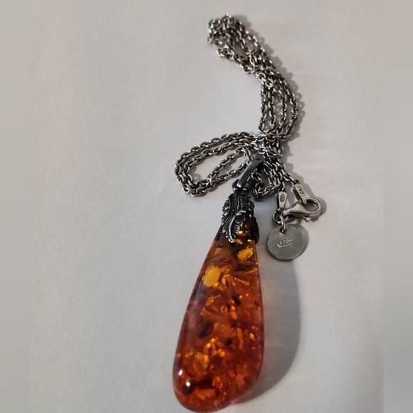 Art Nouveau Style Amber Pendant Silver Necklace - Picture 5 of 14